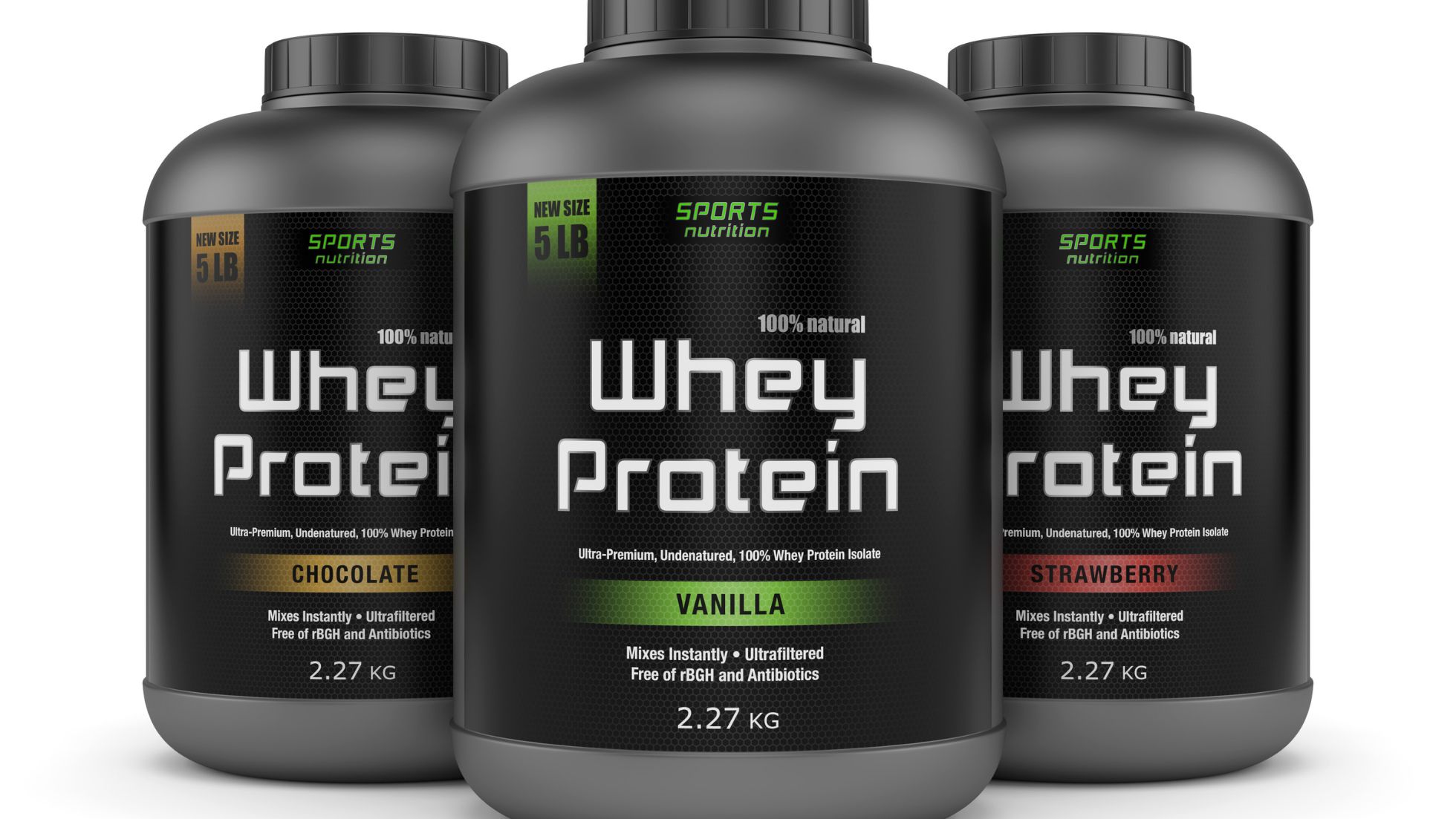 "Três potes de whey protein com diferentes sabores, organizados lado a lado, prontos para suplementar a dieta e auxiliar na recuperação muscular."