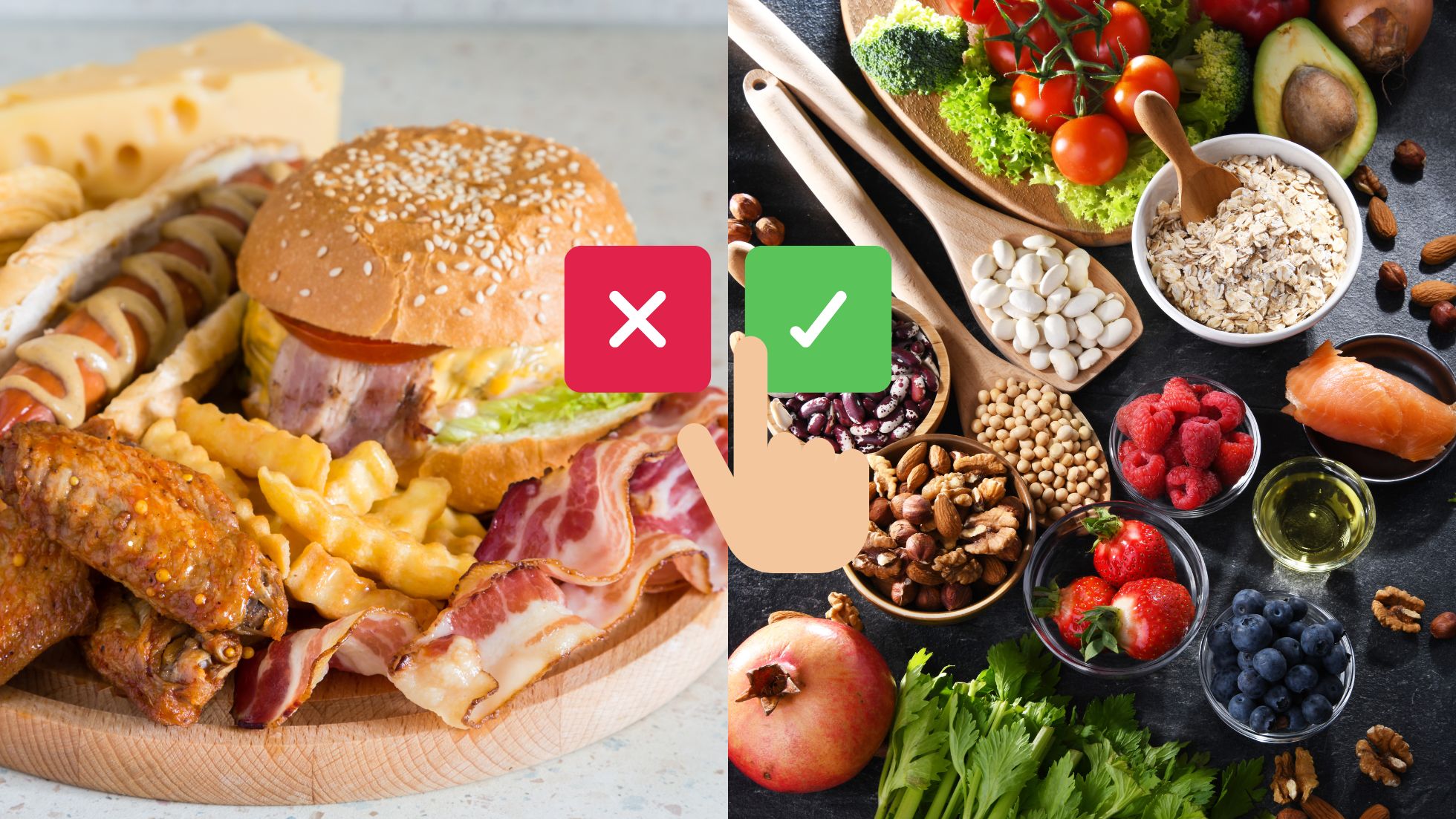 "Imagem mostrando alimentos bons e ruins para o colesterol. No lado dos alimentos bons, destacam-se abacate, peixes ricos em ômega-3, nozes e aveia. No lado dos alimentos ruins, estão frituras, carnes processadas, queijos gordurosos e fast food."